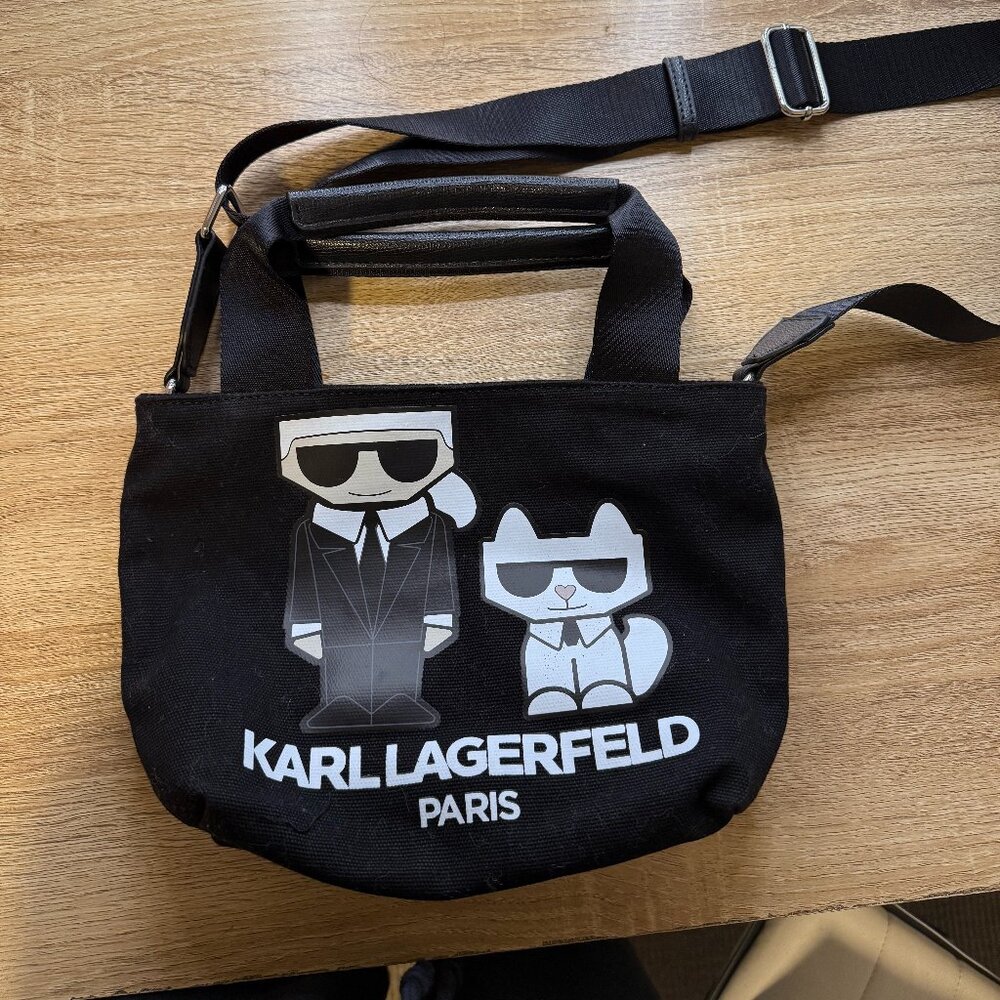KARL LAGERFELD PARIS Kristin Black Iconic Karl Cat Crossbody Bag Purse Canvas